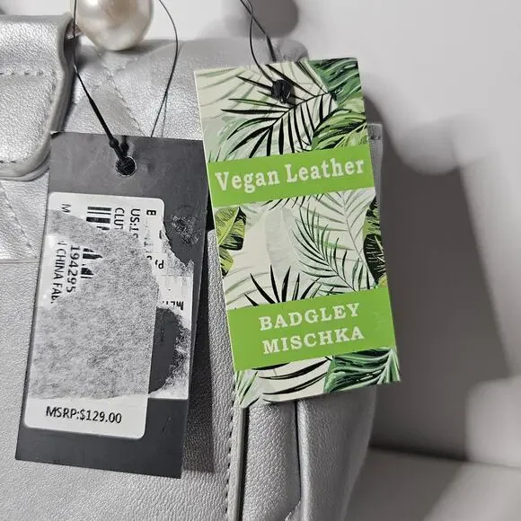 Badgley Mischka Mini Handbag Vegan Leather Silver and Pearls - Picture 3 of 5